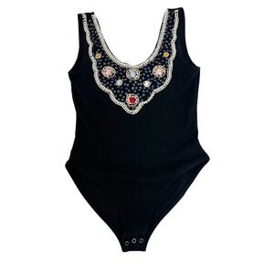 Vintage In Charge Black Beaded Pearl Gemstone Bodysuit Sleeveless Tank 90s SMALL